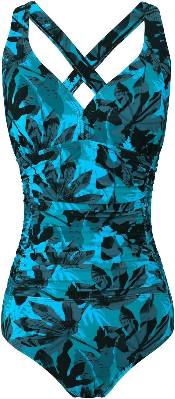 F FLYRONGSwimming Costume Women Ruched Tummy Control Swimwear V Neck One Piece Cross Strap Swimsuit