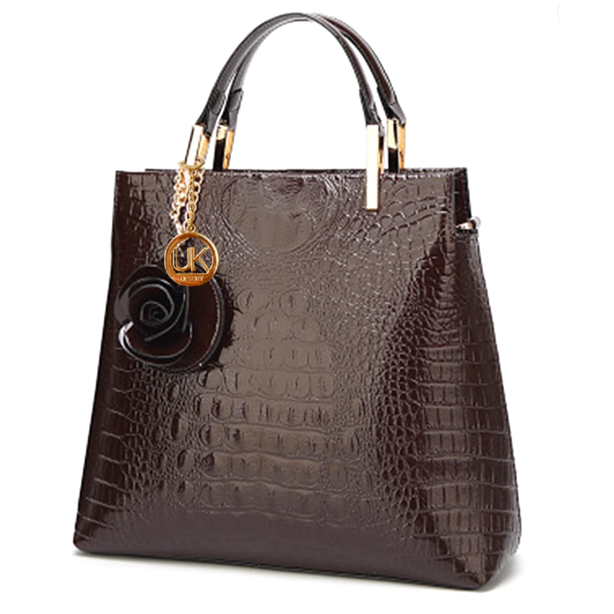Glossy Croc Print Patent Waterproof PU Leather Women Tote|Office HandBag|Top Handle Bag with Rose Ornament |Shoulder Bag |Crossbody Bag|Ladies Handbag with RFID Credit Card Protector (Coffee)