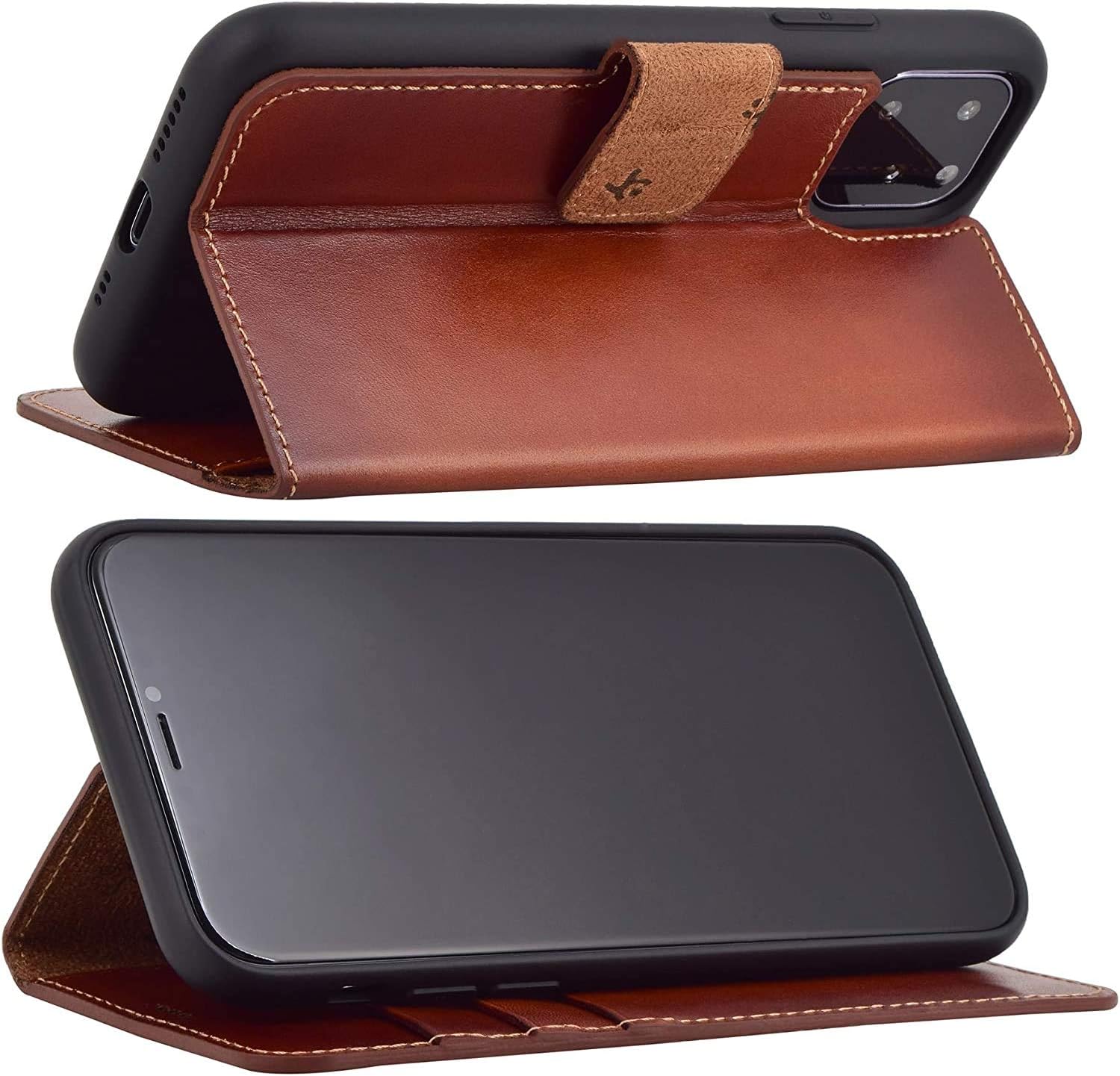Suncase Book-style case compatible with iPhone 12 (6.1 inch) leather case (slim fit) leather mobile phone case protective case with 3 card slots in burned cognac - Image 4