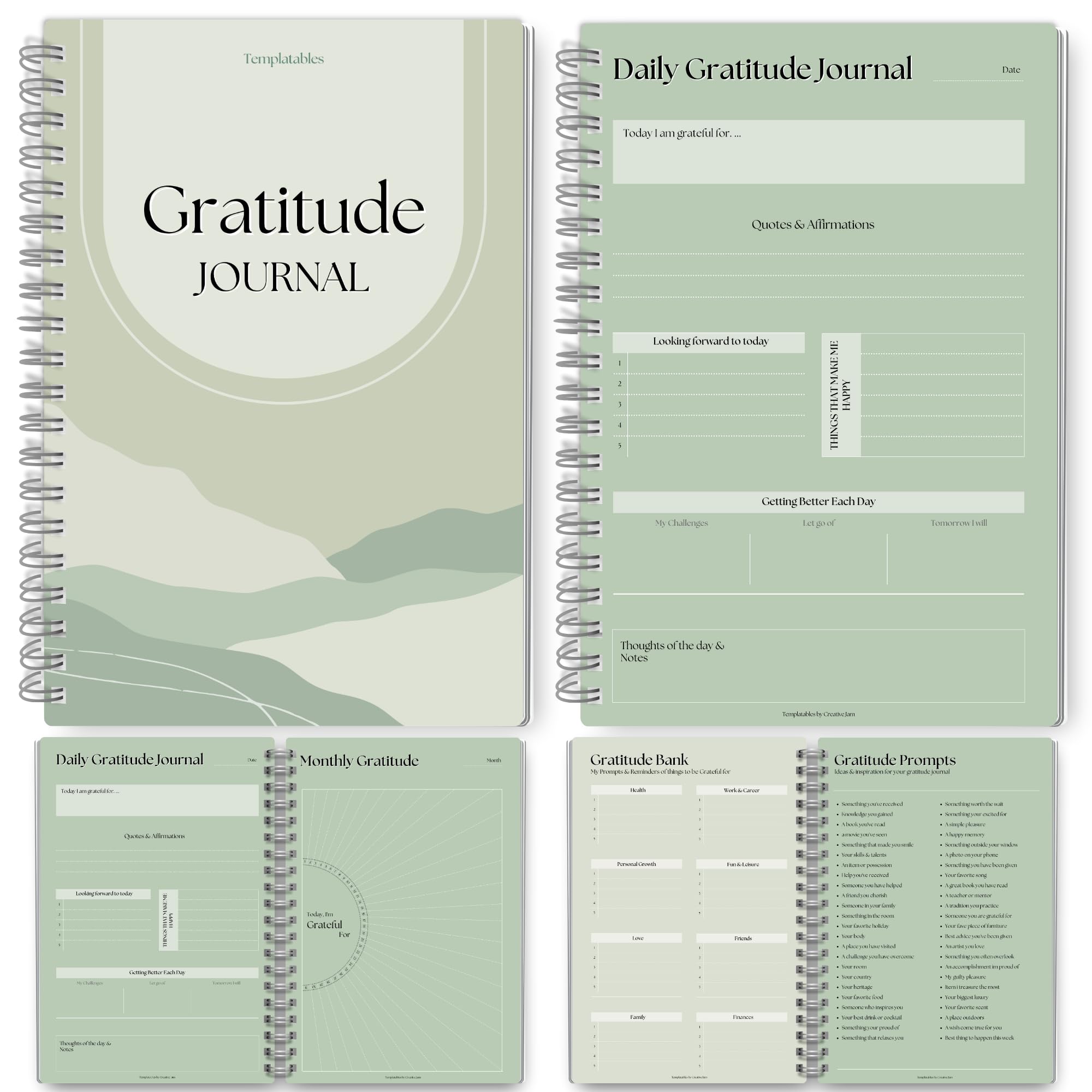 Gratitude & Mindfulness Journal - 90 Day Template, Self Care Planner, Positivity Diary, Daily Gratitude Jar, Wellness, Manifestation | A5 (Green)