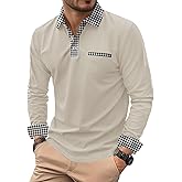 VOGSTART Mens Striped Golf Polo Shirts Color Block Long Sleeve Casual Shirt (S-XXL)