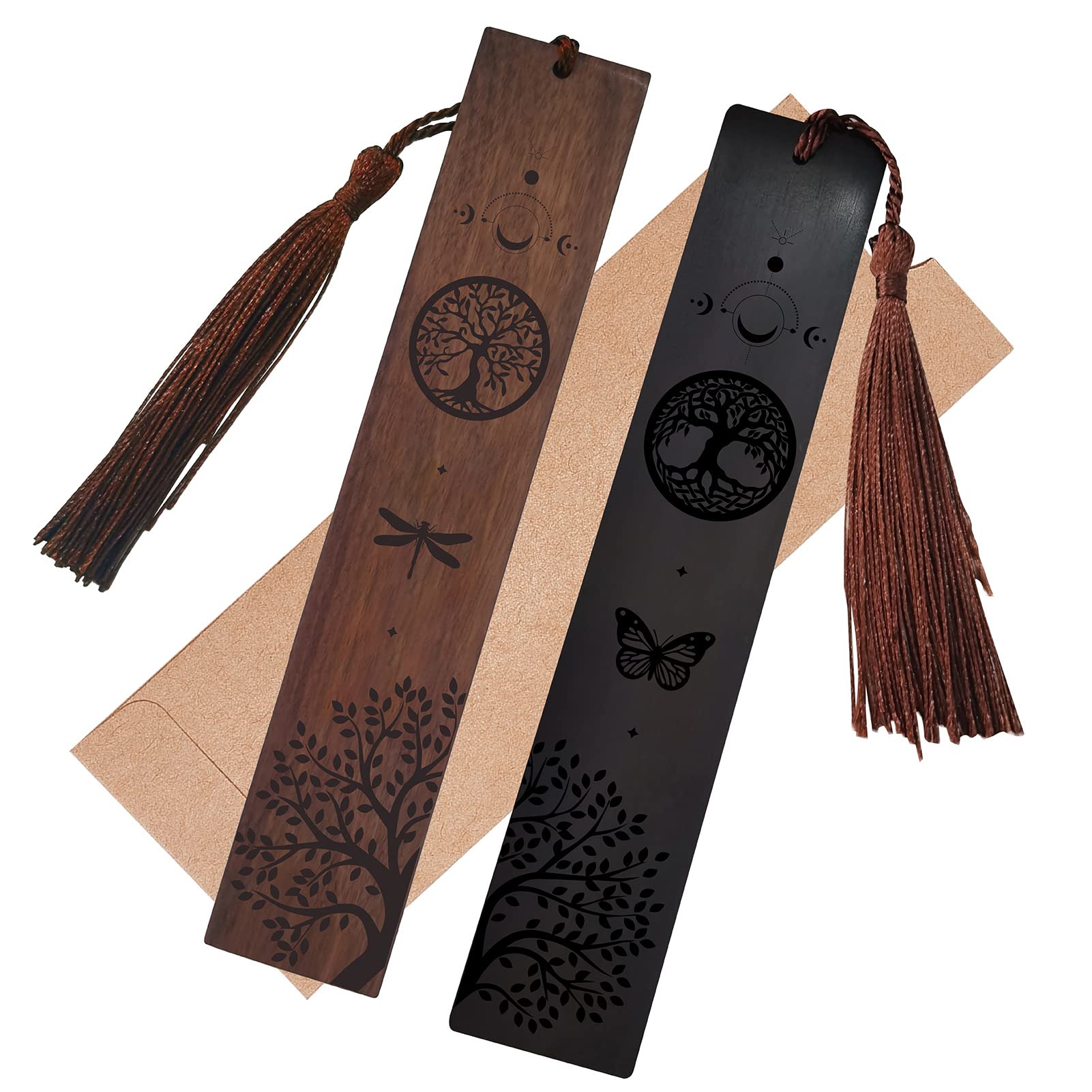 CRASPIRE 2 Colors Tree of Life Wood Bookmark Wooden Carving Engraved Book Mark Gifts Bookmarks with Tassel Pendant or Book Lovers Teacher Students
