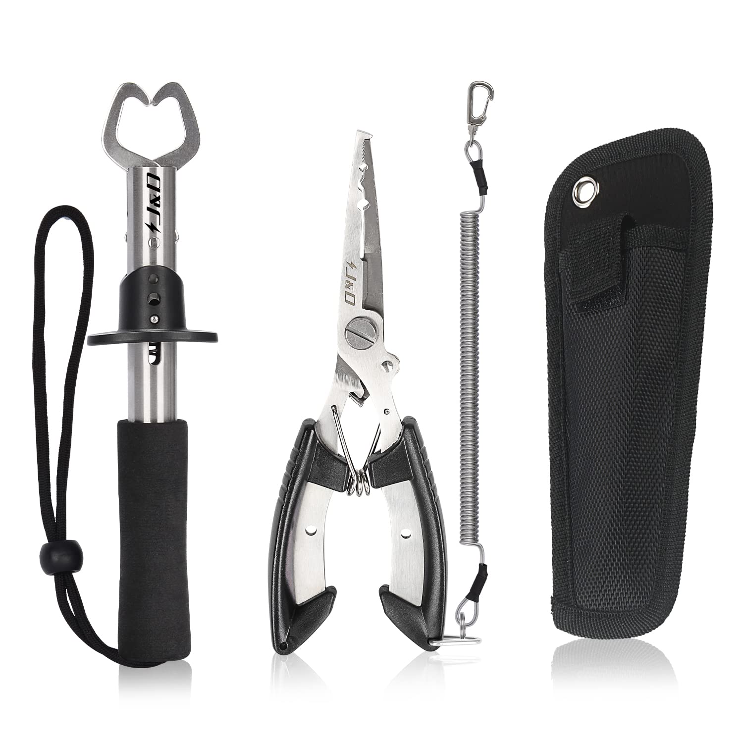 J&D Fishing Pliers and Fish Lip Gripper Set, Multi-Functional Stainless Steel Fishing Plier Gear Hook Remover Tool with Safety Coiled with Sheath and Lanyard for Freshwater Saltwater Fishing, Black