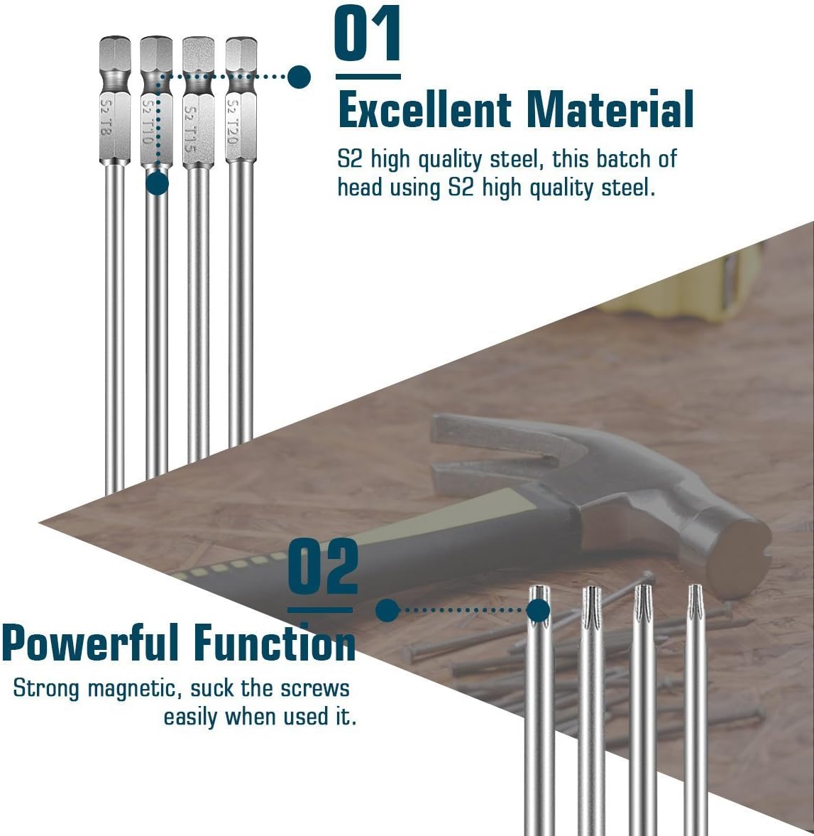 Rocaris 8 Pieces 1/4 Inch Magnetic Hex Shank T8-T40 6 Inch Length S2 Steel Torx Security Head Screwdriver Drill Set Bits - - 