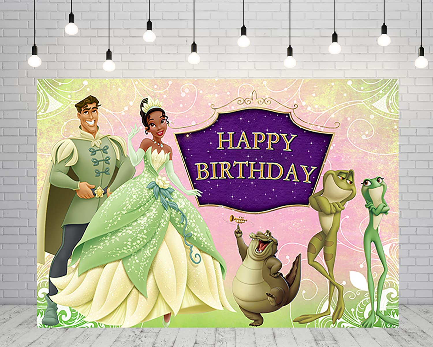 Photo 1 of Princess Tiana Backdrop for Birthday Party Supplies 5x3ft Tiana Photo Backgrounds Princess and The Frog Theme Baby Shower Banner for Birthday Cake Table Decoration