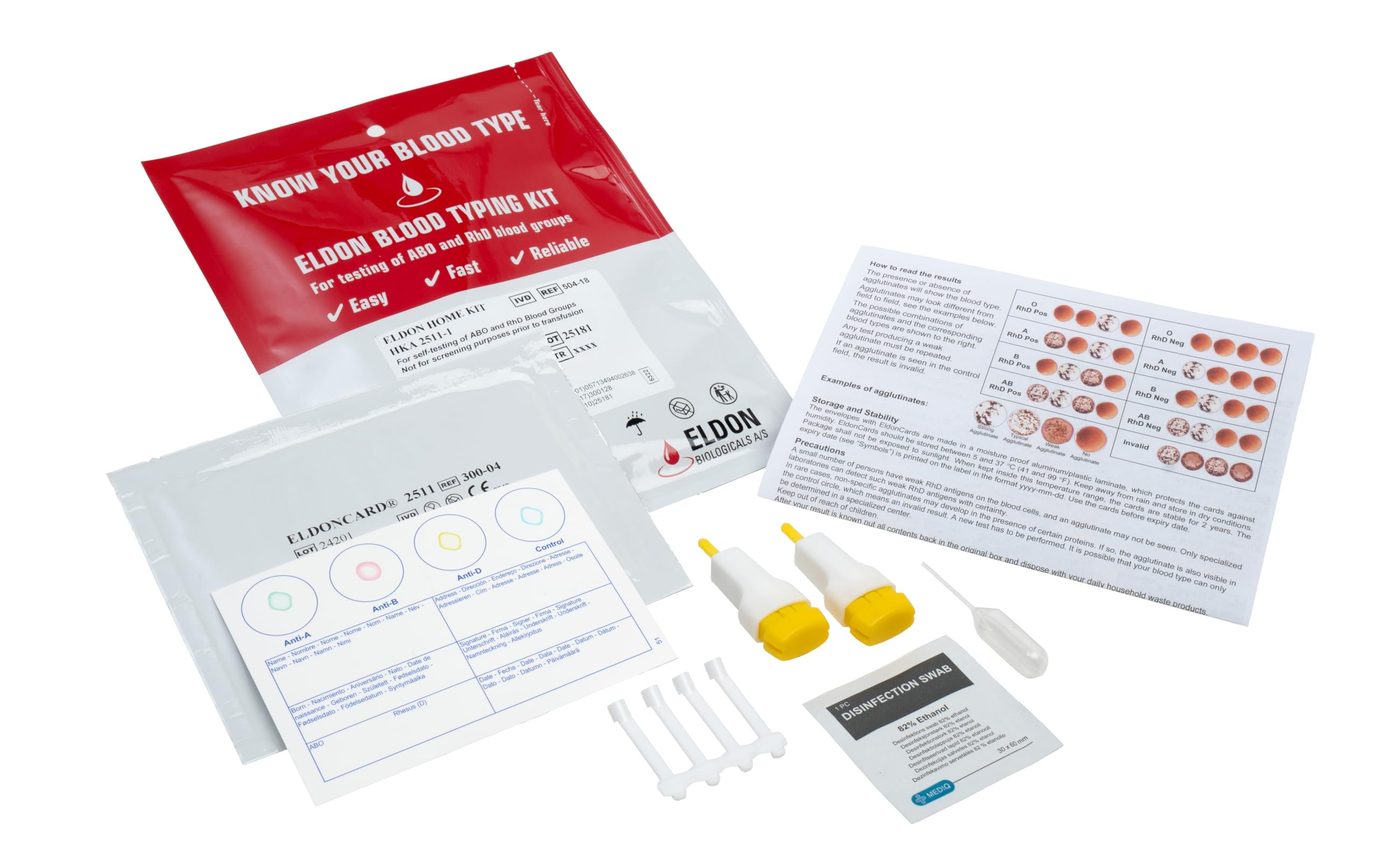 EldonCard Blood Type Test (Complete KIT) - Find Out if You are A, B, O, AB & RH- Results in Minutes - Air Sealed Envelope, Safety Lancet, Micropipette, Cleansing Swab - 1 Pack