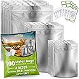 100pcs Mylar Bags for Food Storage - Extra Thick 10 Mil - Includes Gallon/Quart/Pint Sizes with 400cc Oxygen Absorbers - Zip Resealable Storage Pouches - Bolsas Mylar