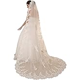 EllieHouse Women's Wedding Veils 1 Tier White Ivory 3M/4M/5M Lace Long Train Bridal Veil with Comb S114
