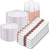 Nervure 700PCS Rose Gold Plastic Plates - Rose Gold Plastic Dinnerware Sets for 100 Guests - 200 White Disposable Plates, 300 Silverware, 100 Cups, 100 Napkins for Wedding & Party