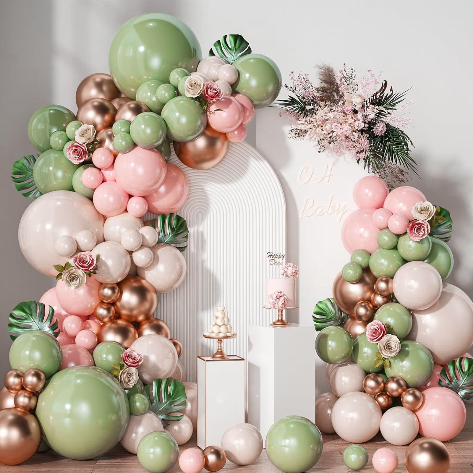 Sage Green Pink Balloon Arch Kit,150Pcs Sage Green and Pink Balloon Garland Arch Kit with Pink White Sand Rose Gold Balloons for Baby Shower Decoration,Birthday Party,Wedding,Jungle Safari Party Decor — image 1