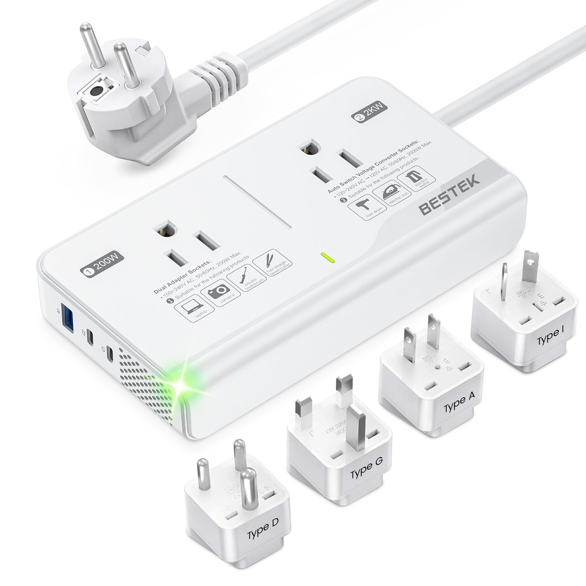 BESTEK 220V to 110V Converter for European Travel - 2000W Voltage Converter US to Europe with with 2 AC 2 USBC 1 USBA Ports, International Travel Adapter for Hair Straightener