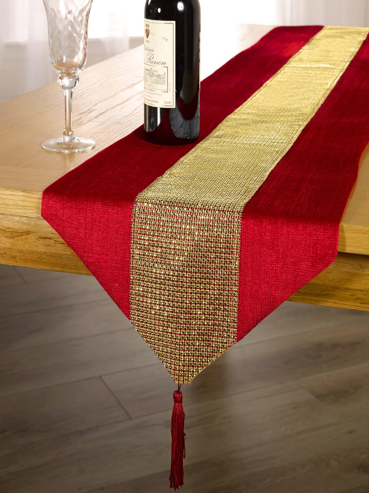 Emma Barclay Eclat Diamante Sparkle Tasseled Runner (Red & Gold, 13x90" (33x228cm))