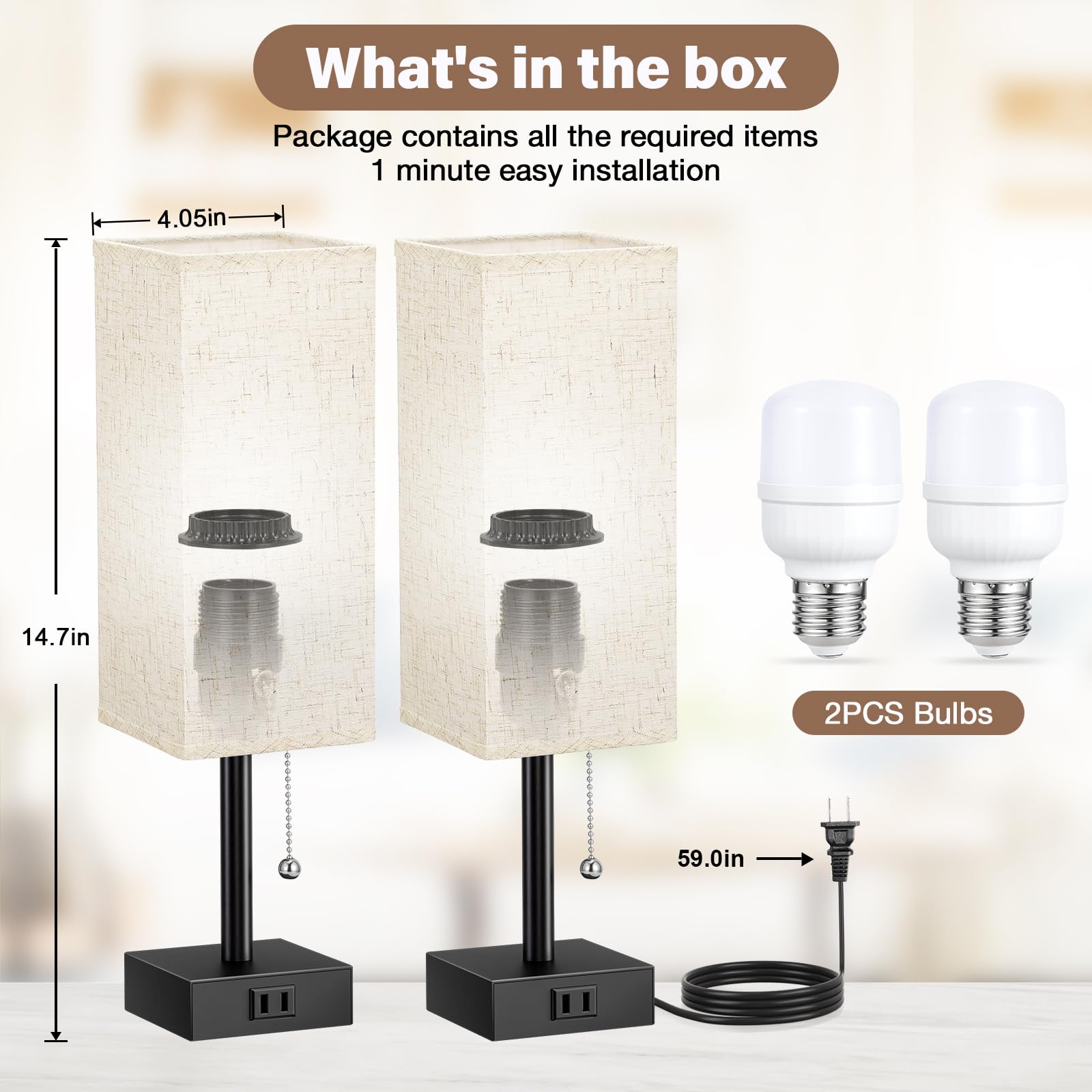 Bedside Table Lamps for Bedroom Set of 2 - Small Rectangular Nightstand Lamp with AC Outlet Charging Port, 3 Color Temperatures Desk Light with Bulb, Tabletop Reading Lamp for Living Room/Dorm/Office
