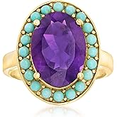 Ross-Simons Turquoise and 4.80 Carat Amethyst Halo Ring in 18kt Gold Over Sterling