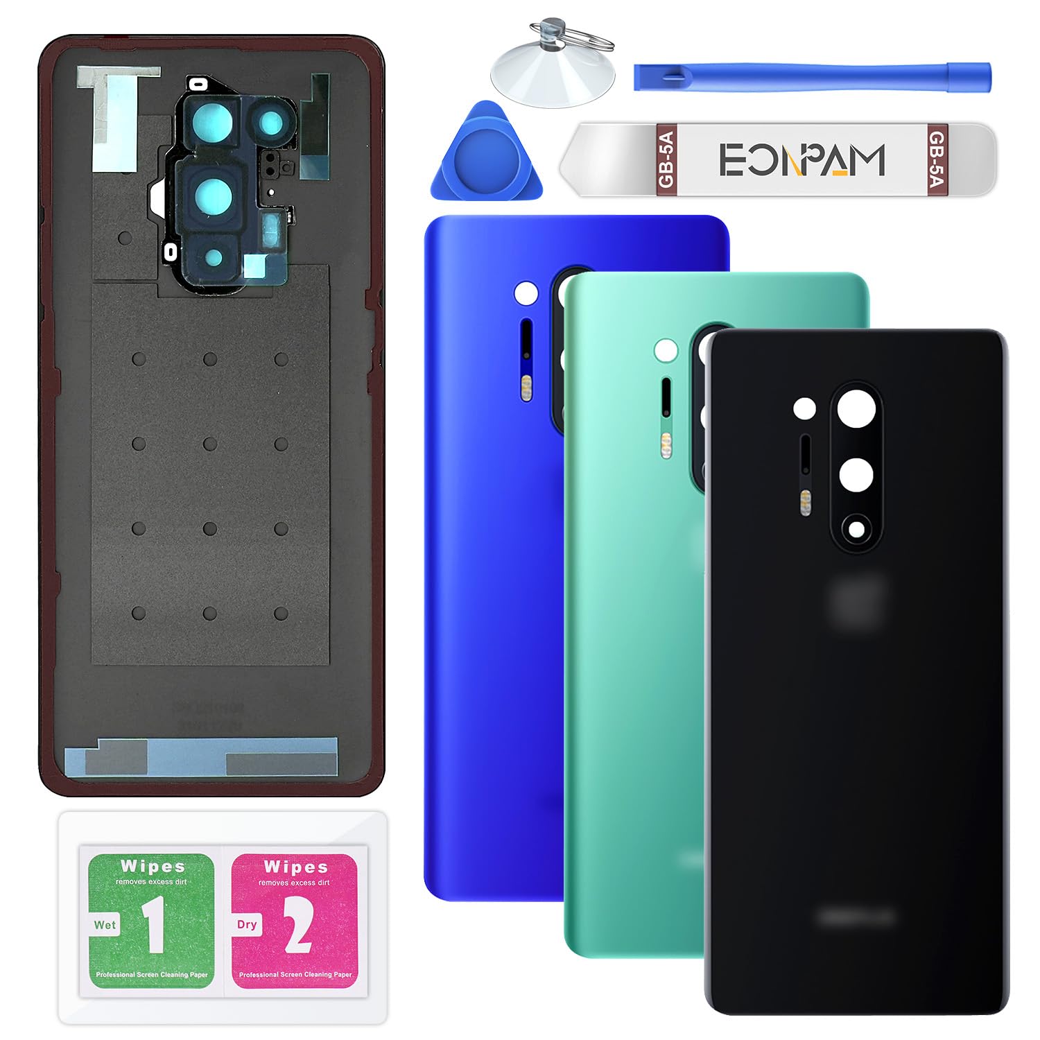 Eonpam Back Cover Glass for oneplus 8 Pro Rear Housing Replacement with Camera Lens + Repair Tool Kit Genuine Rear Glass（Black）