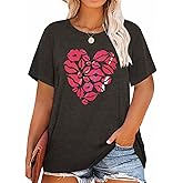 HDLTE Womens Plus Size Valentines Shirts Love Heart Graphic Print Short Sleeve Tops Casual Tees Blouse