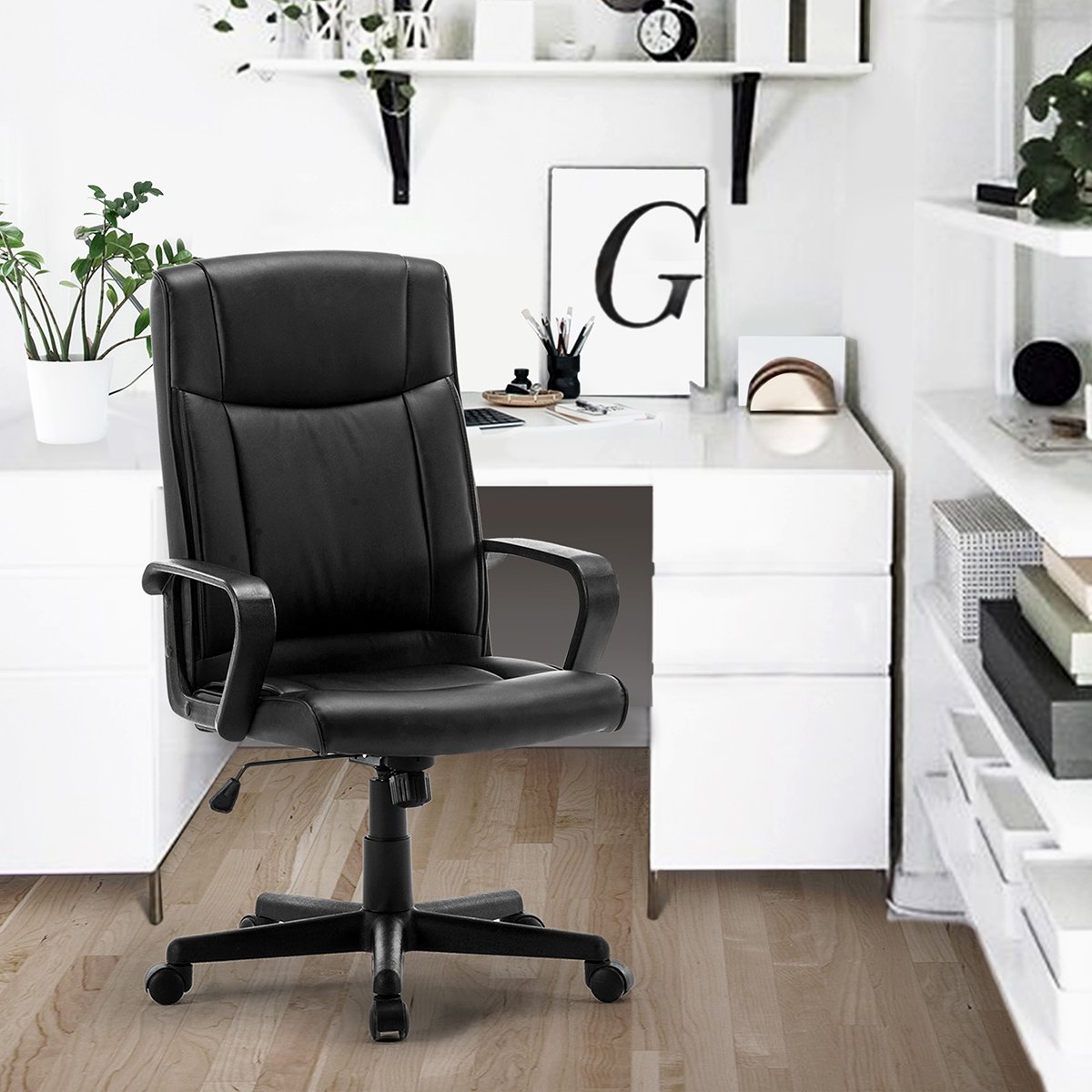 FurnitureR Silla de oficina giratoria ajustable respaldo elevado piel sintética poliuretano silla