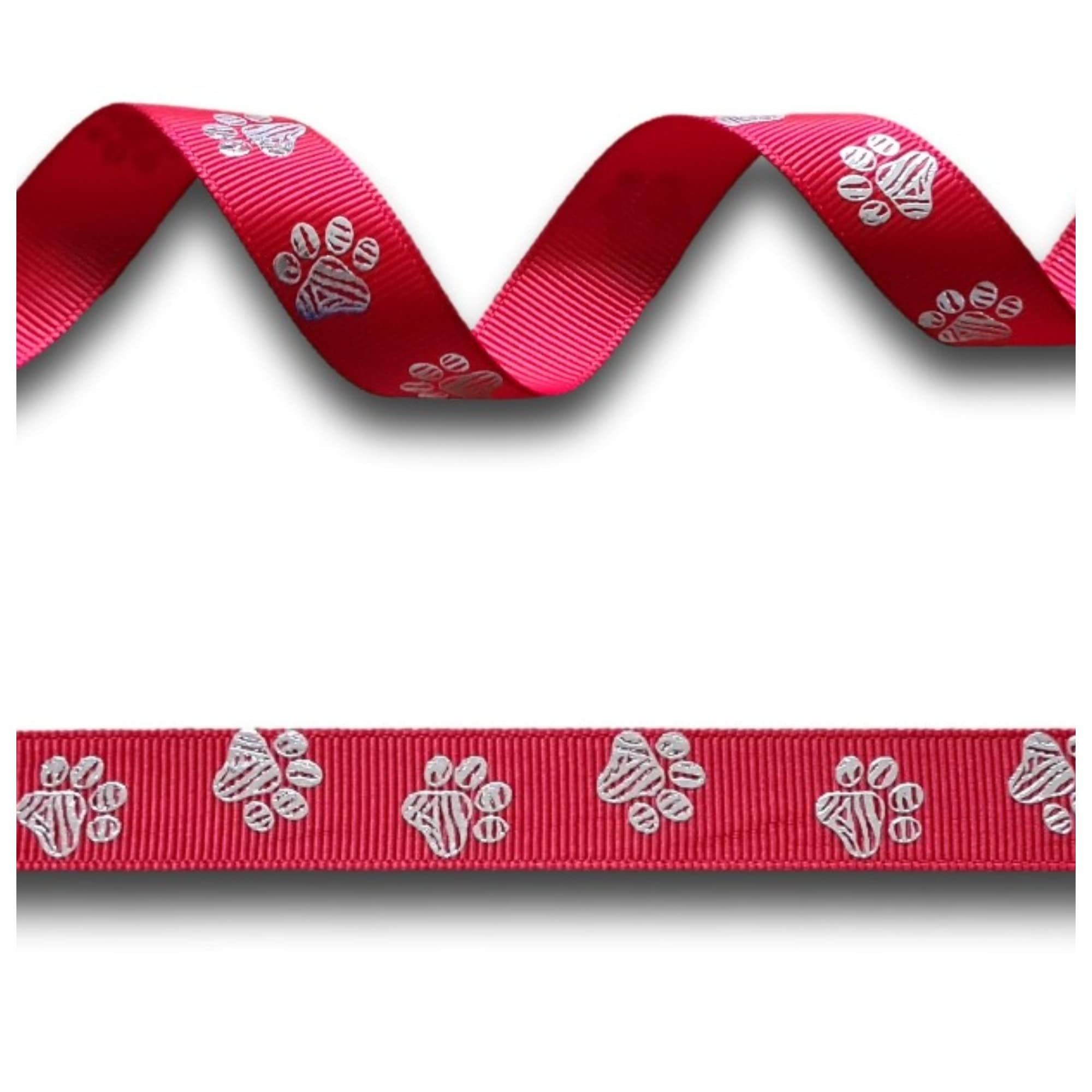 5 Yards (4.57 metres) Dog Bear Paw Print Red Silver Foil Grosgrain Ribbon 16mm Wide, Ideal for Craft Projects, Scrapbooking, DIY Hair Bows, Present Wrapping etc.