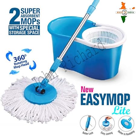 John Richard 360 Spin Floor Cleaning Easy Bucket PVC Mop with 2 Microfiber Heads ( Assorted Color )