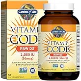 Garden of Life Vitamin D, Vitamin Code Raw D3, Vitamin D 2,000 IU, Raw Whole Food D3 Supplements with Chlorella, Fruit, Veggies & Probiotics for Bone & Immune Health, 60 Vegetarian Capsules