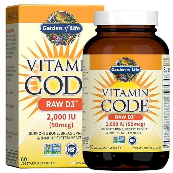 GARDEN OF LIFE VITAMIN D, VITAMIN CODE RAW D3, VITAMIN D 2,000 IU, RAW WHOLE FOOD VITAMIN D SUPPLEMENTS WITH CHLORELLA, FRUIT, VEGGIES & PROBIOTICS FOR BONE & IMMUNE HEALTH, 60 VEGETARIAN CAPSULES