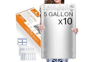 SYMYNELEC 5-Gallon Mylar Bags for Food Storage: 10-Pack Thick Long Term Store Bags with Oxygen Absorbers - 11 Mil Air Vacuum Heat Seal Bag for Bucket Rice Beans - Large Sturdy Food Package