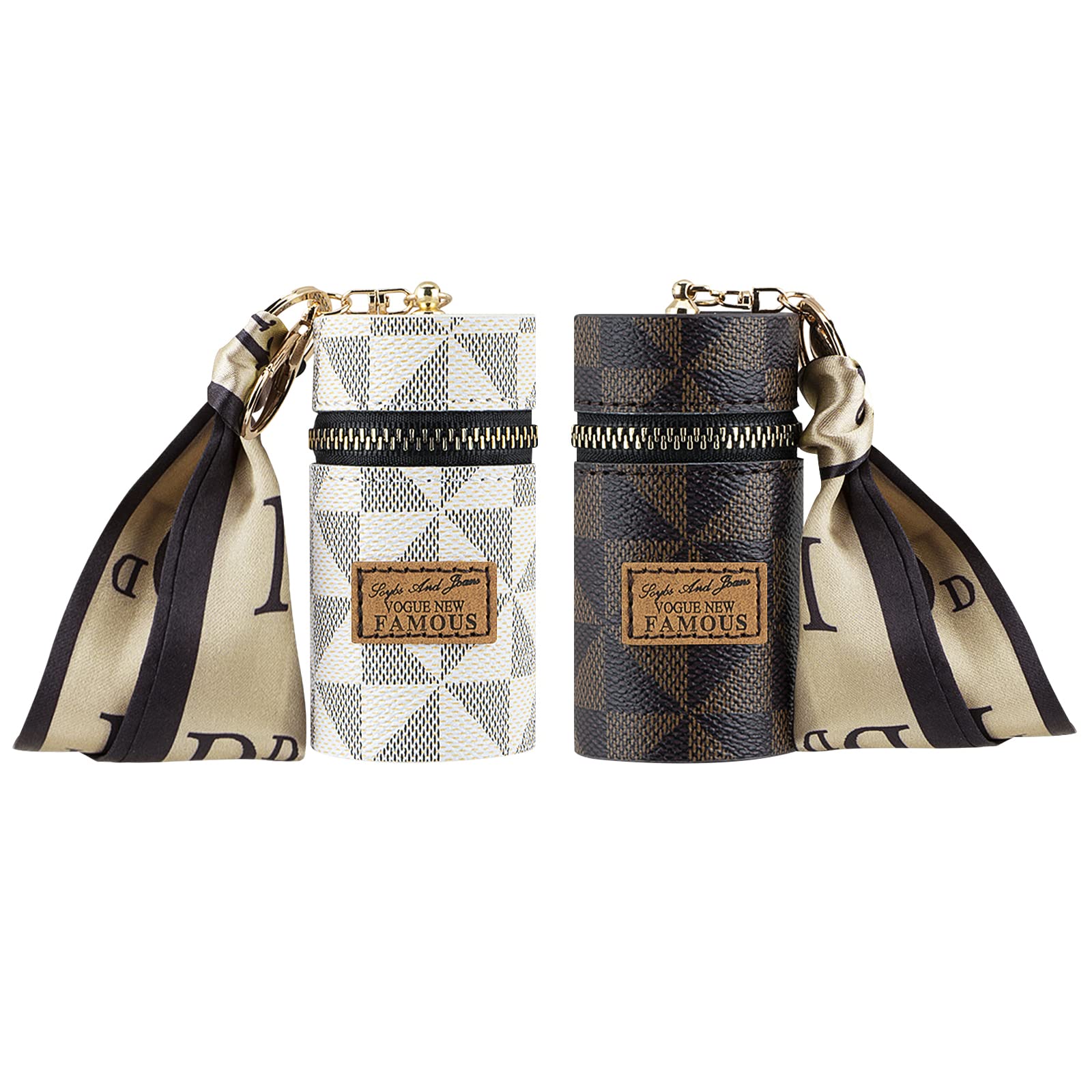 Adorila 2-Pack Lipstick Case Keychain with Scarf Charm, Vegan Leather Mini Lip Gloss Organizer Pouch for Purse (Brown+White)