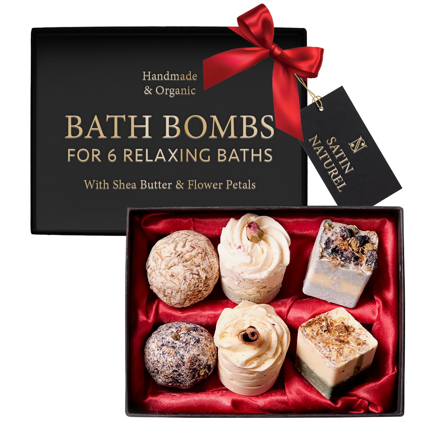 Satin Naturel Gift Set 6 Luxury Organic Vegan Bath Bombs – Wellness Gift for Women – Premium Bath Bombs – Birthday Gift for Her – Natural Bath Bombs
