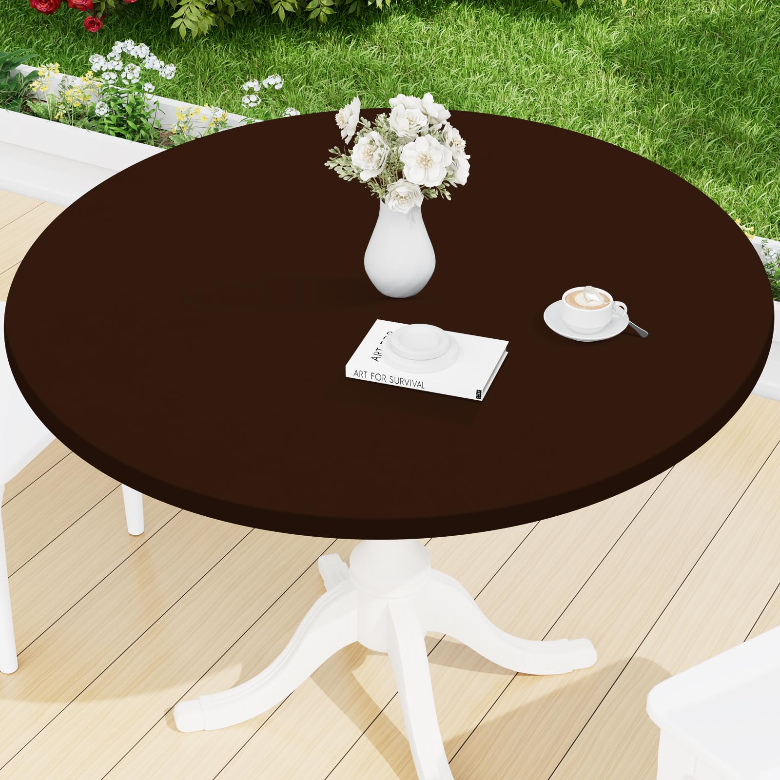 Photo 1 of Smiry Round Spandex Tablecloth, Elastic Fitted Washable Tablecloths for 57"-68" Tables, Waterpoof Stretch Picnic Table Cover for Dining, Indoor and Outdoor, Coffee