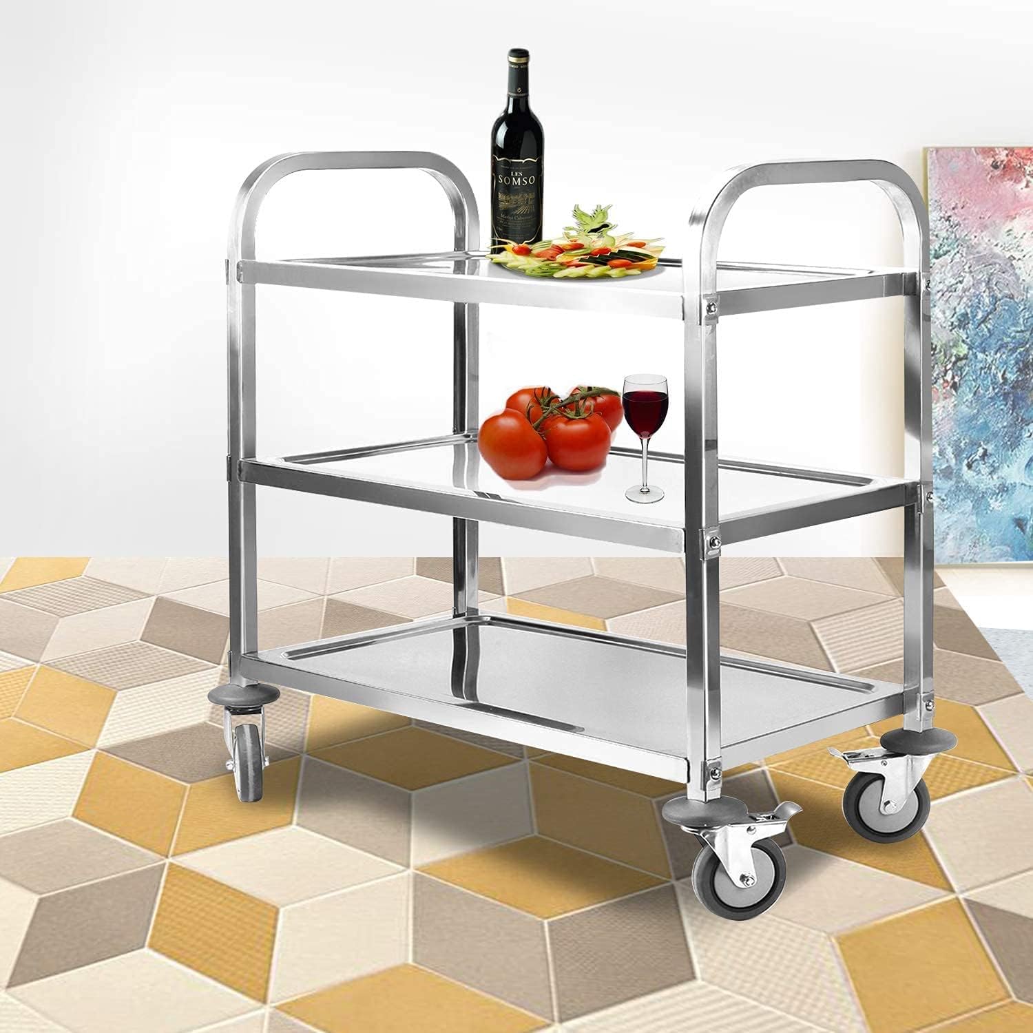 uyoyous Large 3 Tier Stainless Steel Utility Cart 950x950x500MM Kitchen Rolling Carts Serving Trolley Service Catering Storage Cart with Locking Wheels for Kitchen Hotels Restautant Use - Image 3