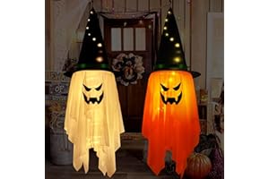 Uspring Halloween Decorations 2Pcs Hanging Lighted Glowing Ghosts Flying Witch Hat Decor Outside Halloween Ornaments Outdoor for Front Porch Garden Yard Halloween Party (40in,Yellow + Orange)