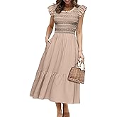 Simplee Womens Boho Maxi Dress Flutter Sleeve Summer Casual Smocked Waist A Line Flowy Tiered Dress with Pockets