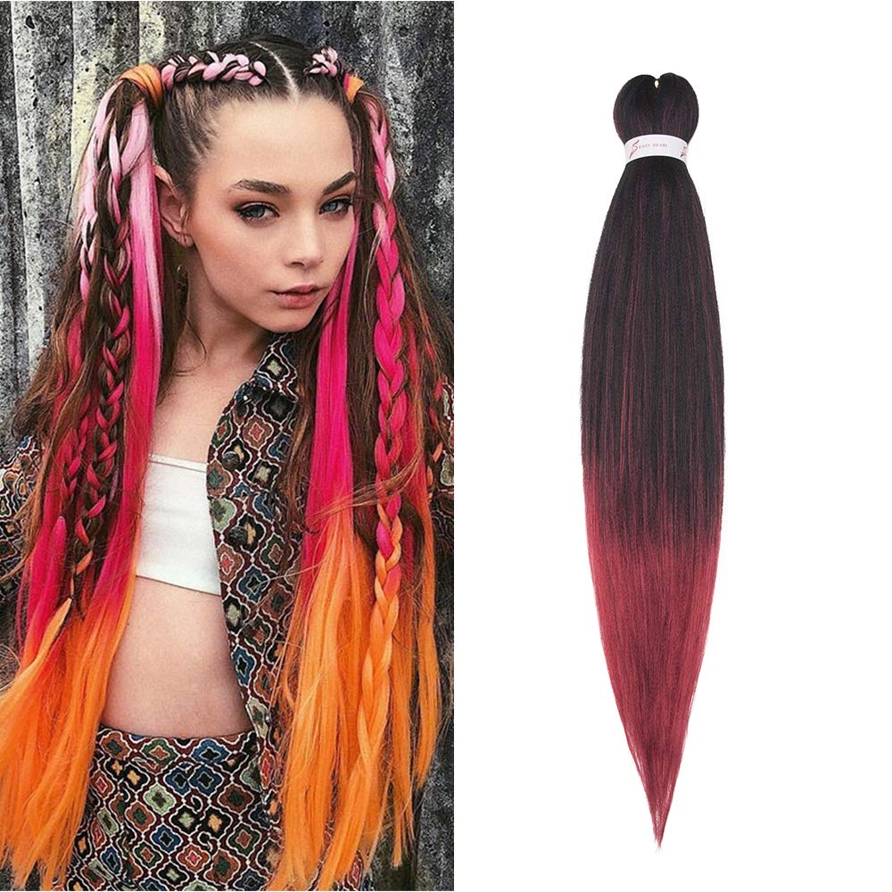 26 Inch Easy Braids Professional Pre-stretched Synthetic Hair For Braiding Hot Water Setting Ombre Crochet Braids Hair Extensions - Natural Black & Wine Red — image 1