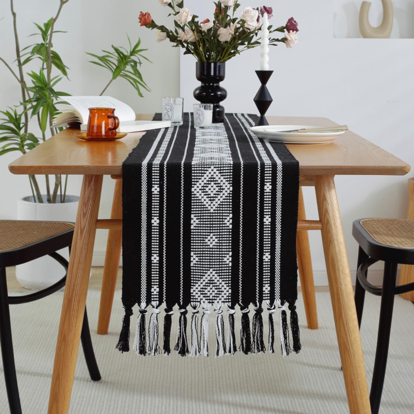 INCLAR Black Boho Table Runner with Tassels 34 x 183cm , Cotton Linen Woven Farmhouse Table Runner Bohemian Dining Table Runners for Holidays Halloween Christmas Wedding Parties Washable