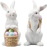 Easter-Basket Bunny-Decor-Figurines Home-Decorations - 2PC Easter Decorations Table Ornaments Resin Spring Bunny Carry Egg Basket Tabletop Decorations for Home Farmhouse 5.25H inch Newman House Studio