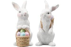 Easter-Basket Bunny-Decor-Figurines Home-Decorations - 2PC Easter Decorations Table Ornaments Resin Spring Bunny Carry Egg Basket Tabletop Decorations for Home Farmhouse 5.25H inch Newman House Studio