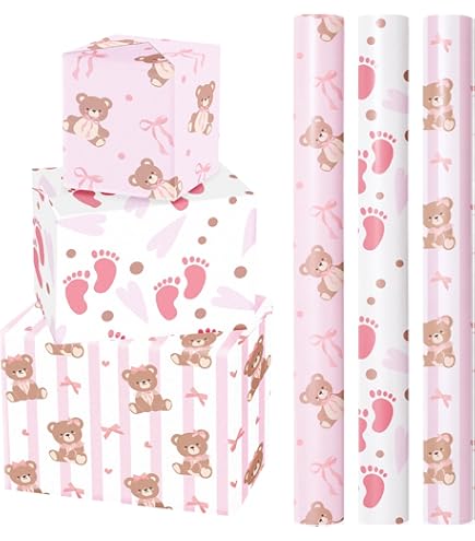 LeZakaa Lot De 3 Rouleaux De Papier Cadeau Pour Fête Prénatale – Motif Ours/ballons, Bébé/pois En Bleu Pour Bébé Garçon – 43,2 X 304,8 Cm