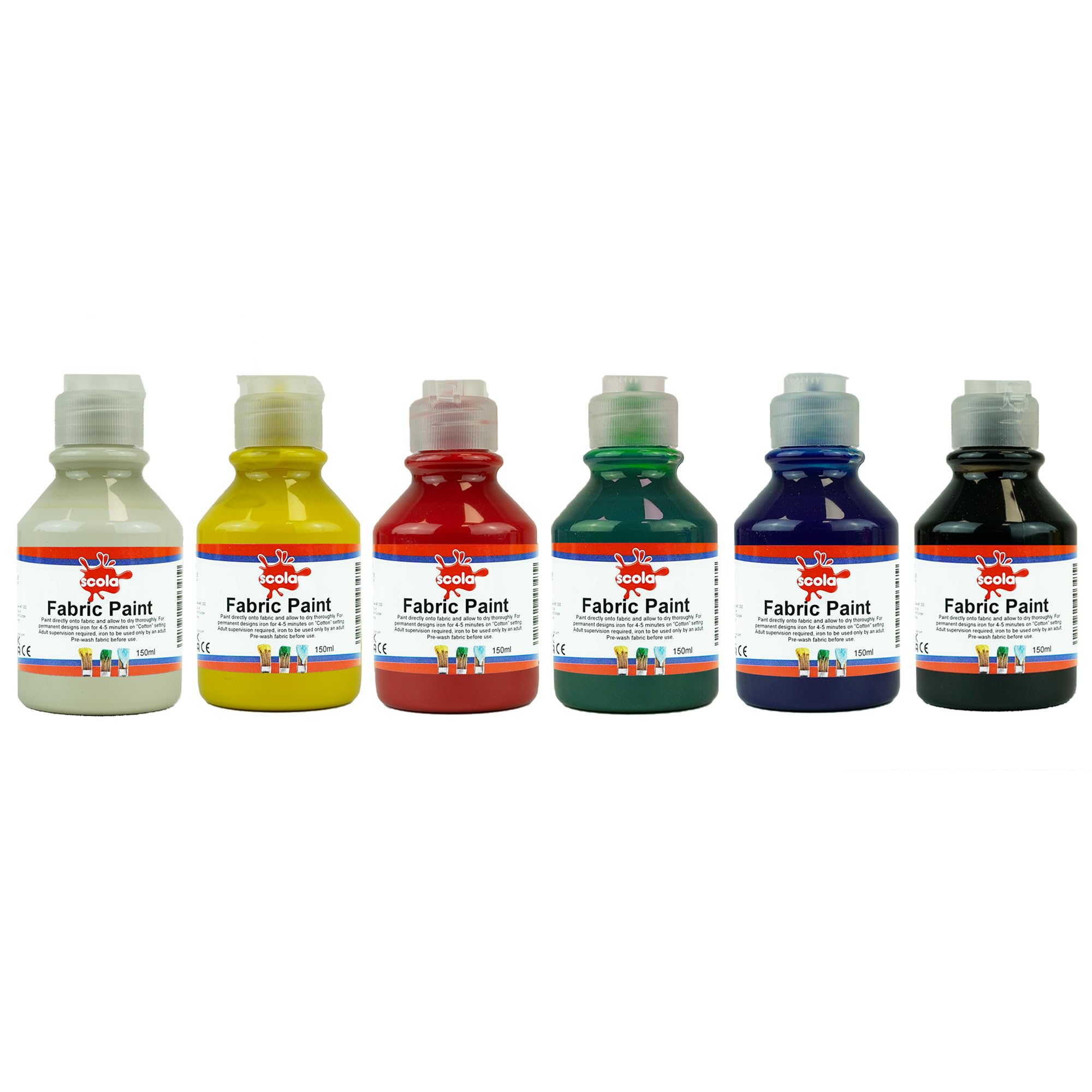 Scola Textile Fabric Paint, 6 Assorted Colours, 150ml Bottles, School Supplies, Art and Crafts Projects, Children's Craft Projects, For Kids