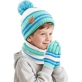 Kids Winter Hat Scarf Gloves: Boys Beanie Hats Gloves Set for Ages 6-10 Warm Thick Fleece Lined Winter Set Knit Cap Snow Ski