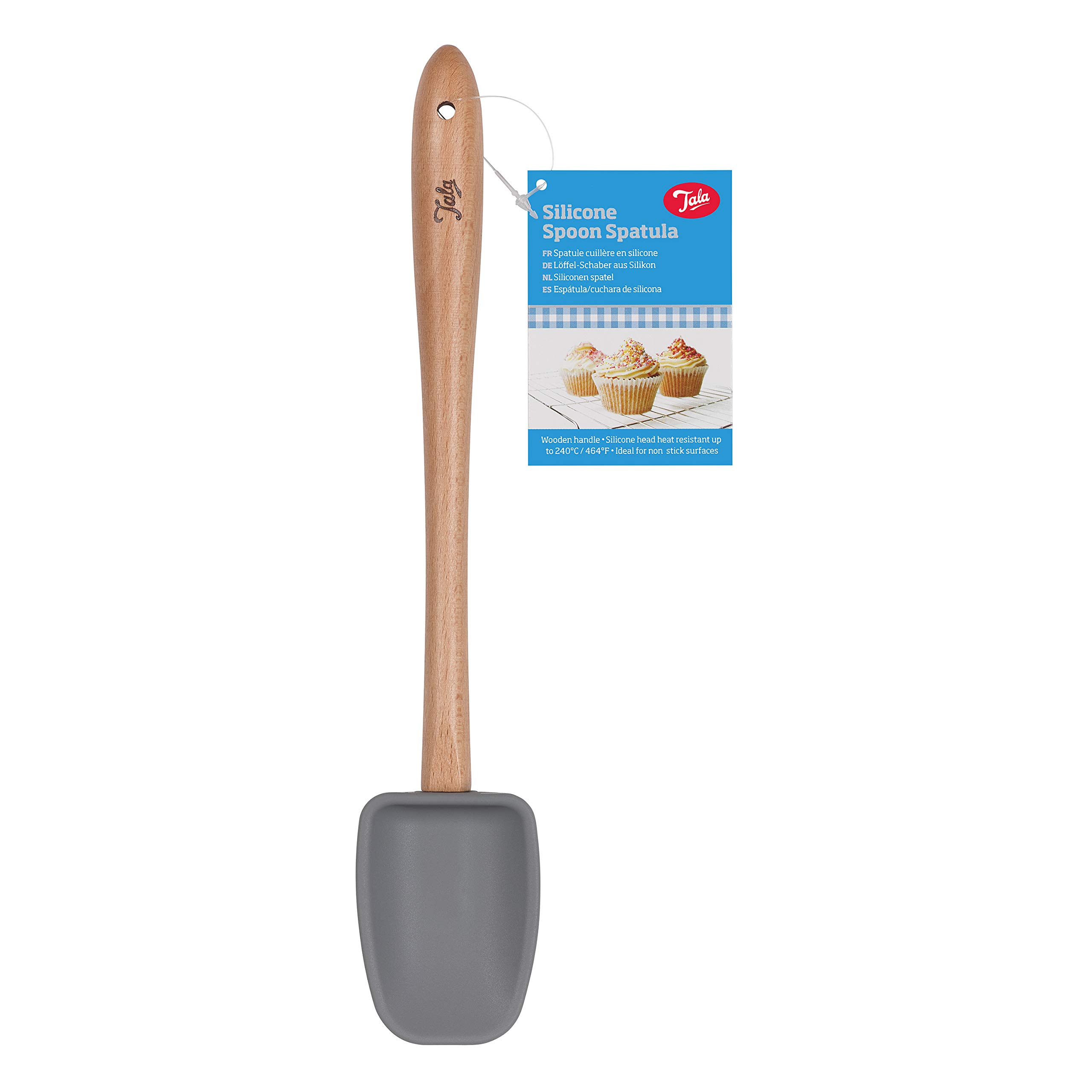 Tala Silicone Spoon Spatula, Wooden Handle, Heat Resistant, Grey Colour, Ideal for Non-Stick Surfaces