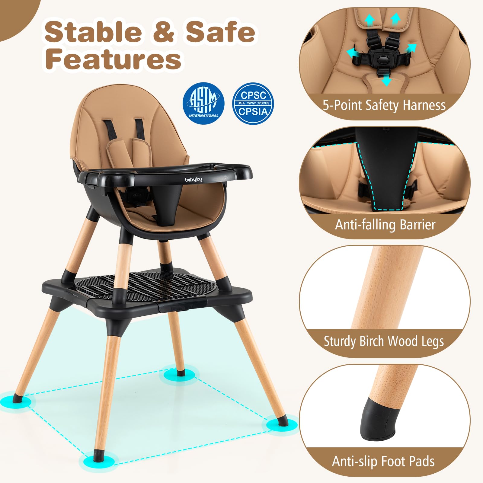 BABY JOY 6 in 1 High Chair, Convertible High Chairs for Babies and Toddlers/Booster Seat/Table and Chair Set, Infant Wooden Highchair w/ 5-Point Harness, 4-Position Removable Tray & PU Cushion, Coffee