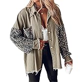 CHICME Womens Denim Jacket Sequin Patchwork Long Sleeve Jackets Top Button Front Oversized Denim Shacket