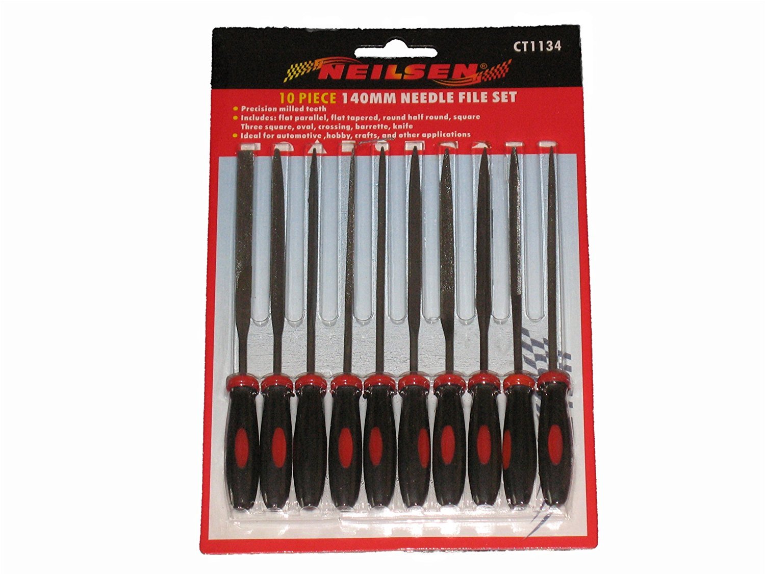Neilsen CT1134 10pc Needle File Set - 140mm Length | Pro Grip Handles | Types: Flat Parallel, Flat Tapered, Half Round, Square, Triangular, Oval, Crossing, Barrette
