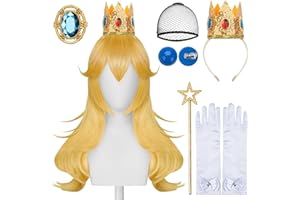 GHGMAO Blonde Wavy Princess Wig for Girls, Golden Long Wavy Wigs Peach Cosplay Wig Anime Synthetic Hair for Halloween Costume Party (1 Crown+ 1 Wand+ 2 Earrings+ 2 Gloves+ 1 Brooch+ 1 Hair Cap)