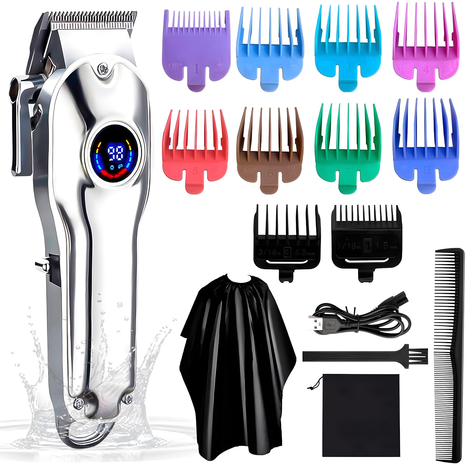 Gabrella Men’s Barber Clippers Waterproof Cordless Hair Clipper & Shaver, Rechargeable Trimmer, Male Grooming Set, Colorful Guide Combs