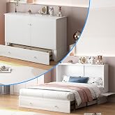 PUREMIND Murphy Bed with Mattress Included, Hideaway Bed for Guest Room | Queen Murphy Bed Cabinet with Storage Drawer and Bedside Panel, Built-in Charging Station, Space-Saving Wallbed