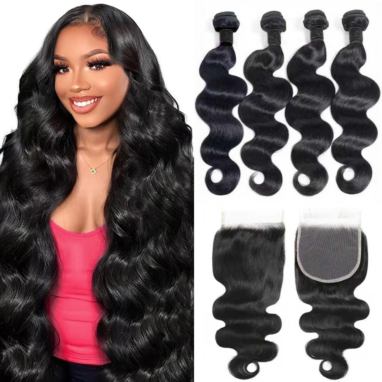 Photo 1 of 12A Human Hair Bundles with Closure 18 20 22 24+16 Inch Brazilian Body Wave 4 Bundles Human Hair with 5x5 HD Lace Closure Unprocessed Virgin Human Hair Natural Black