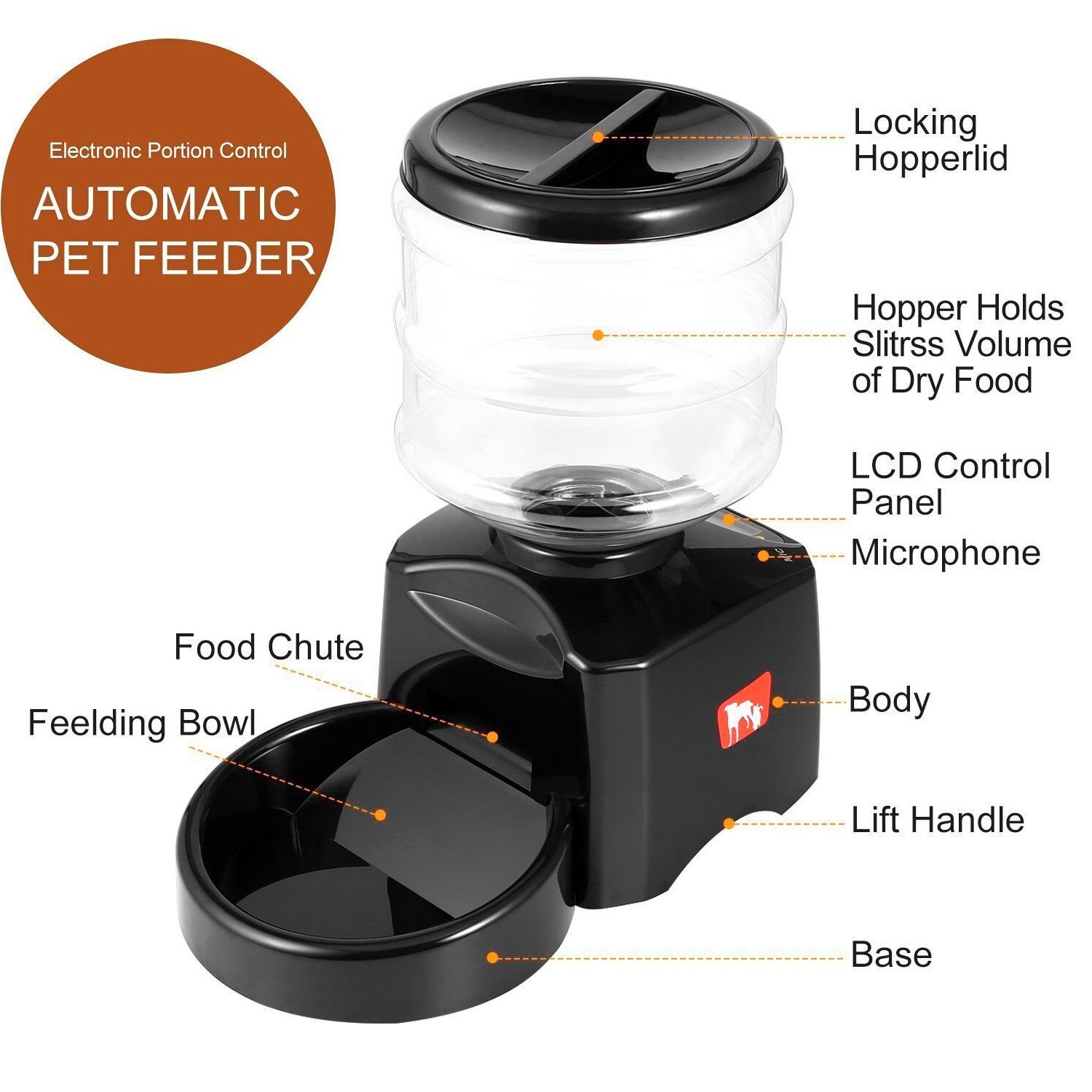 5.5L Automatic Pet Feeder Food Dispenser with Voice Recorder & Timer, High Capacity Portion Control, Electric Dog Dry Food Dispenser Bowl with Digital LCD Control Panel