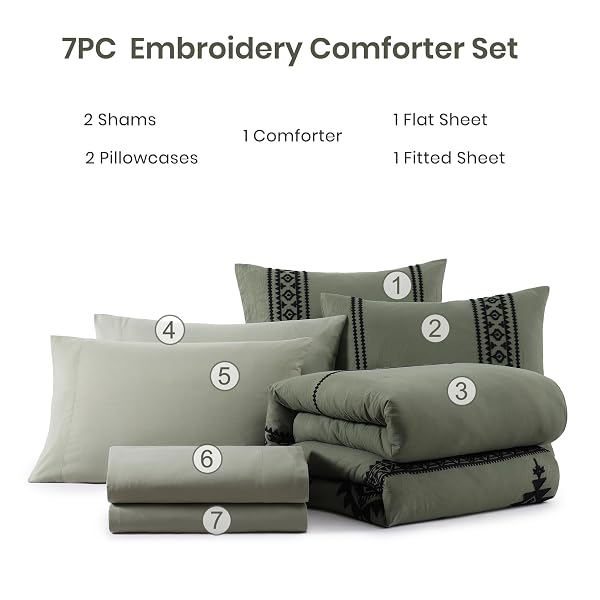 MAIRÊVE EMBROIDERY COMFORTER SET, BOHO FARMHOUSE WESTERN BEDDING SET, ALL SEASON BED IN A BAG COMFORTER SET WITH SHEETS, PILLOWCASES & SHAMS, OLIVE GREEN QUEEN 7 PIECES