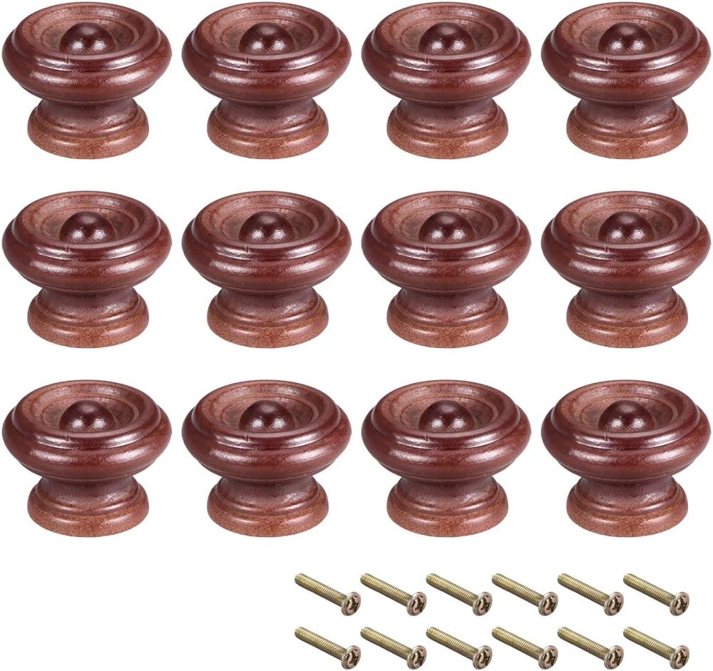 sourcing map Round Wood Knobs,12Pcs 37mm Dia Cabinet Furniture Kitchen Pulls Handles for Dresser Drawer Wardrobe Dark Red